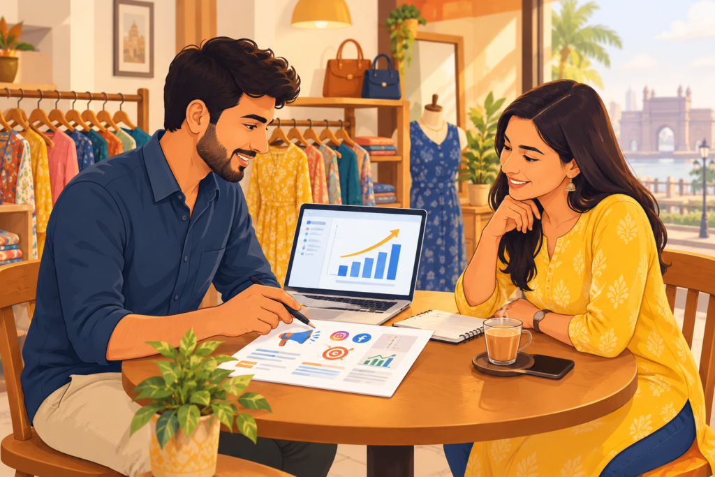 Freelance digital marketer discussing an online advertising plan and growth chart with a boutique owner in a Mumbai shop