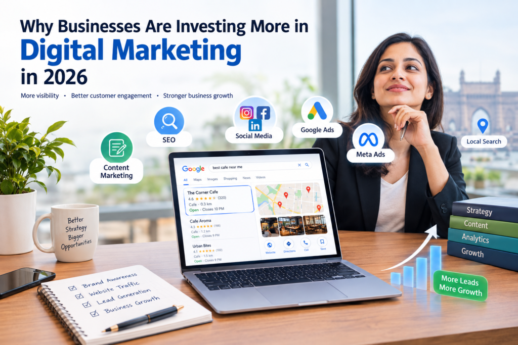 Why Businesses Are Investing More in Digital Marketing in 2026 featuring SEO, content marketing, social media marketing, Google Ads, Meta Ads, local search, lead generation, and business growth.