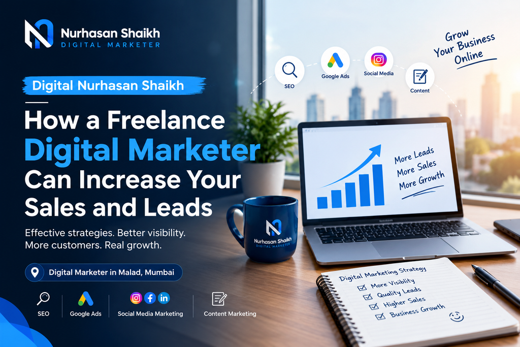 Digital Nurhasan Shaikh explaining how a freelance digital marketer can increase sales, generate leads, and grow businesses through SEO, Google Ads, social media marketing, and content marketing.
