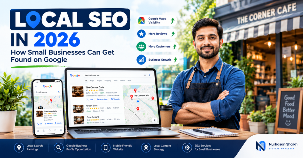 Local SEO for small businesses in 2026 showing Google Maps rankings, local search visibility, customer reviews, and business growth strategies.