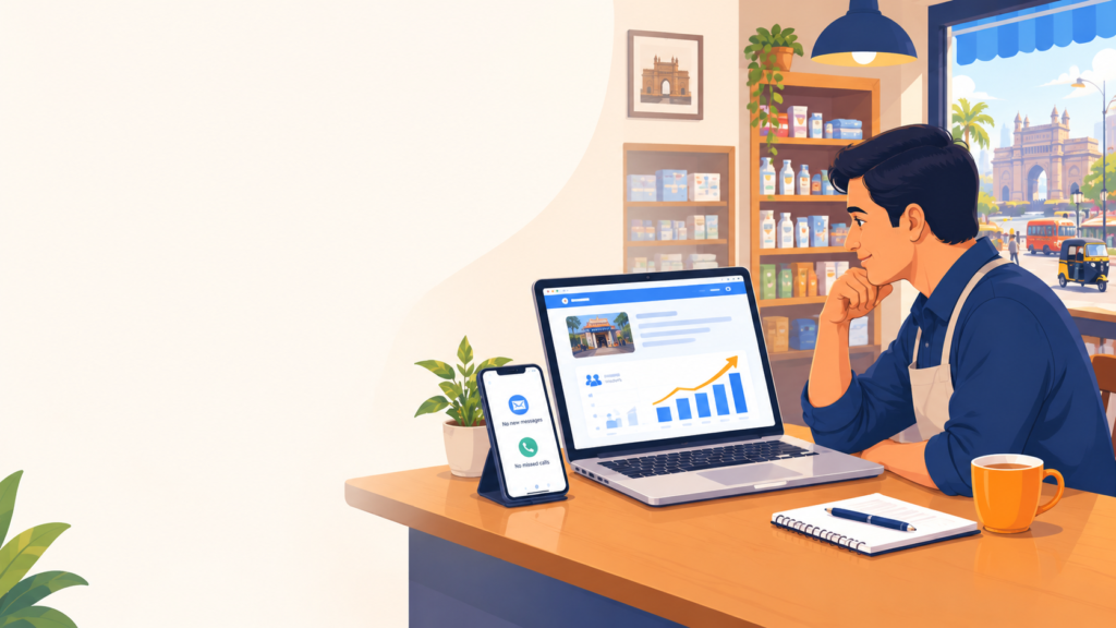 Small business owner in Mumbai reviewing website traffic growth on a laptop while checking an empty inbox on a smartphone.